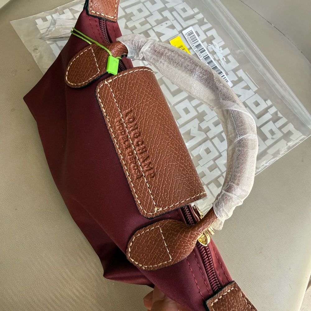 Longchamp Mini Le Pliage Top-Handle Bag in Burgundy with Brown Flap - Picture 4 of 5